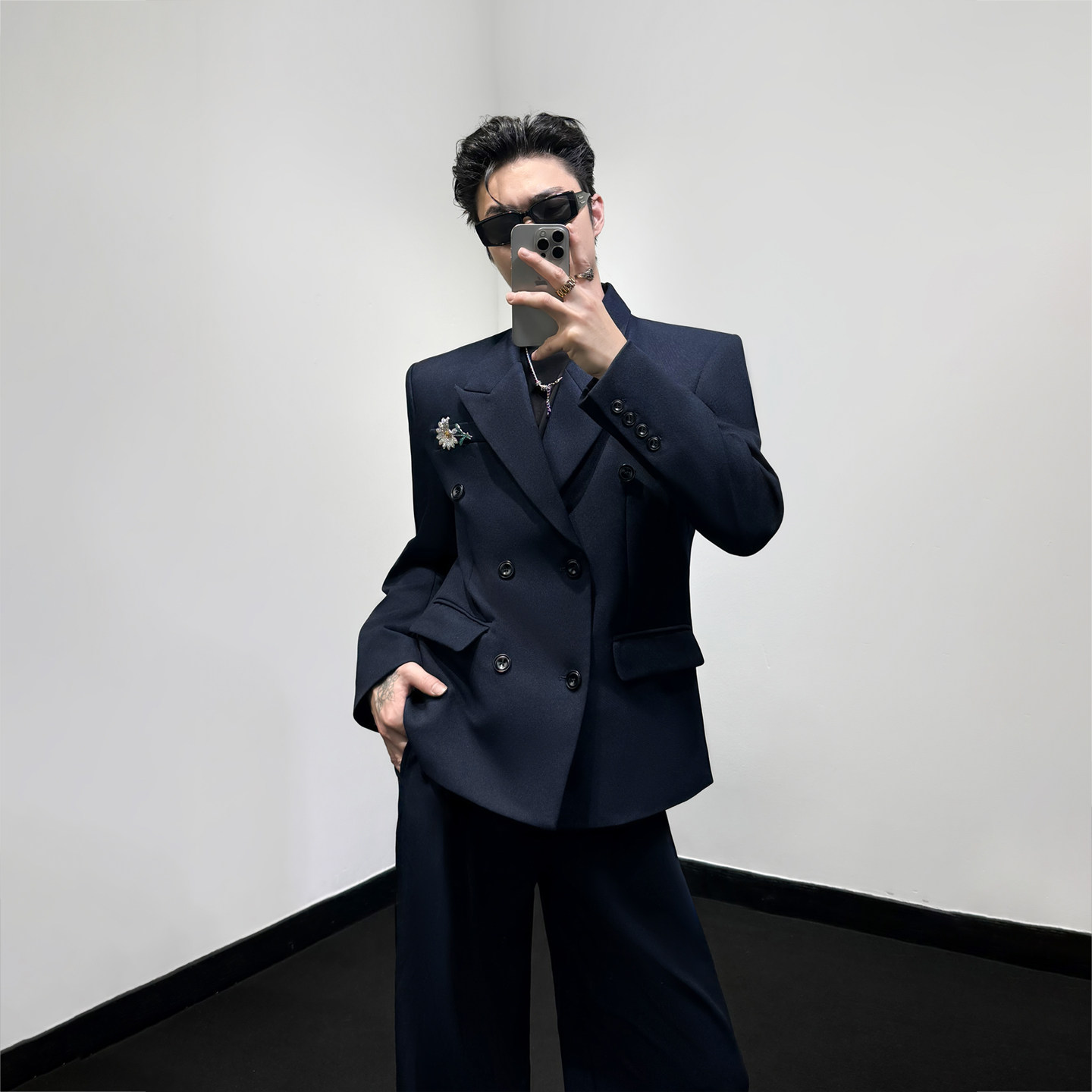 韩潮三/轻奢风双排扣西装春季宽松深蓝色高智感西服套装时尚潮流