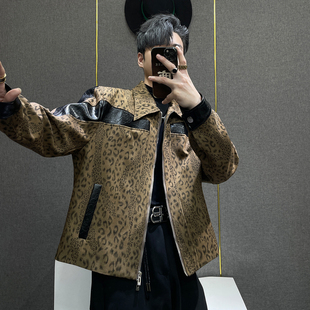 潮牌宽松短款 复古豹纹拼接PU皮夹克男生秋季 外套高级感 美式 鹿鹿