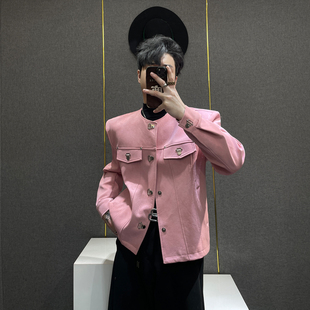 鹿鹿 皮衣夹克男金属扣痞帅潮流外套高级感潮 小众设计感粉色短款