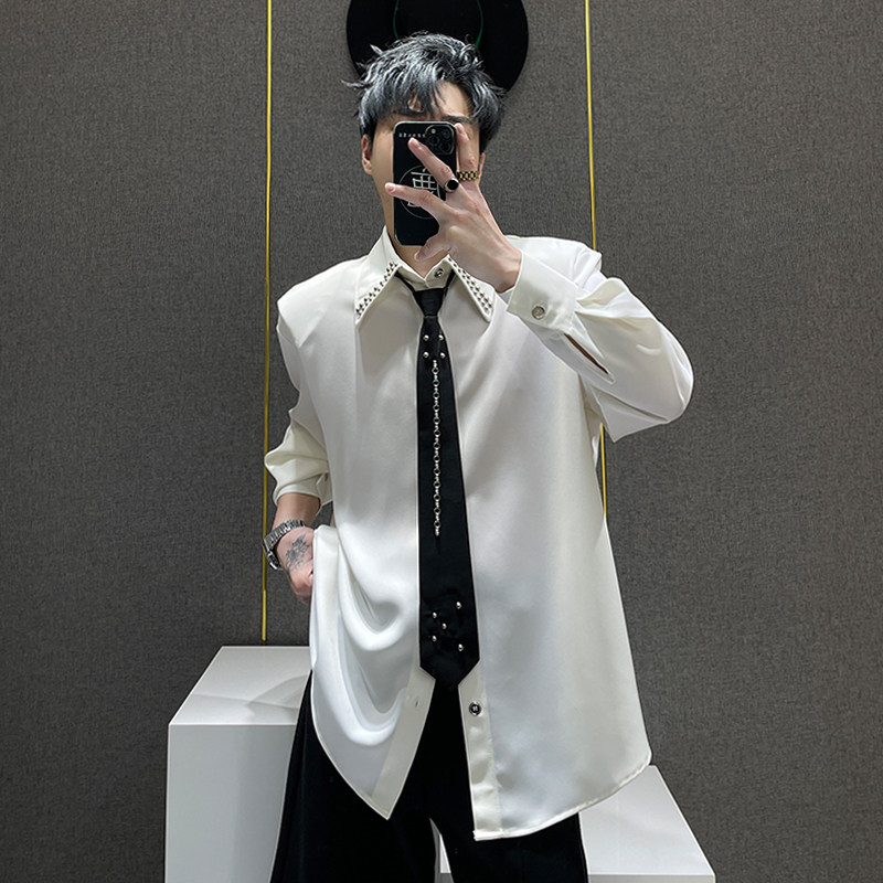 鹿鹿/高级感金属铆钉领带长袖衬衫男生痞帅宽松休闲纯色百搭衬衣