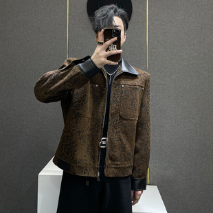 潮牌百搭拼皮短款 鹿鹿 美式 新款 小香风外套 小众复古豹纹夹克男士