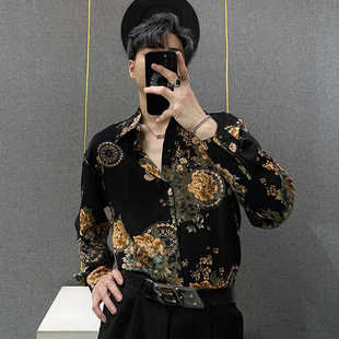 新款 丝滑高级感冰丝复古宽松个性 长袖 男士 印花衬衣免烫 花衬衫 春季