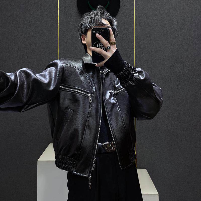 复古短款翻领宽松皮衣夹克男拉链设计小众百搭休闲小个子外套上衣,男装,皮衣,淘宝优惠券,粉丝福利购,淘宝优惠卷