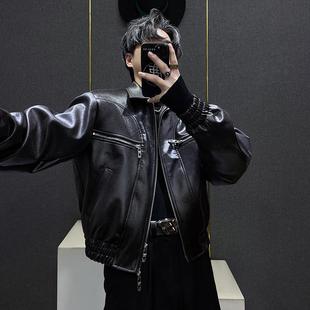 复古短款 翻领宽松皮衣夹克男拉链设计小众百搭休闲小个子外套上衣