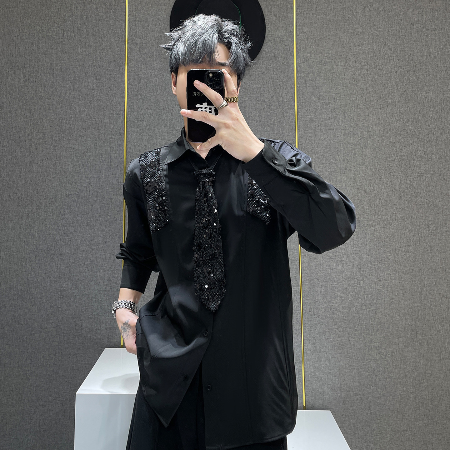 鹿鹿/高级感亮片拼接领带衬衫男士ins潮牌痞帅宽松垫肩长袖衬衣男