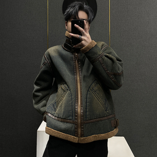 美拉德牛仔羊羔毛外套男加厚2025冬季 宽松加绒机车夹克上衣潮 新款