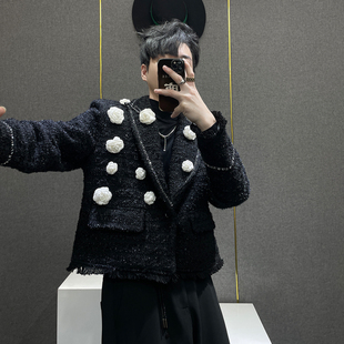 高级感粗花呢短款 外套男秋季 垫肩西服潮 小香风立体花朵西装 鹿鹿