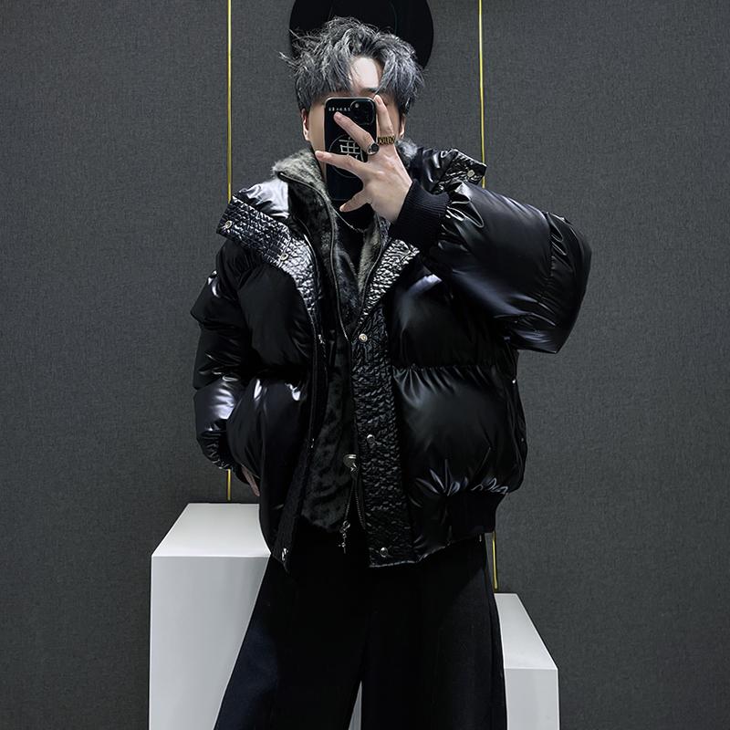 韩版假两件设计豹纹痞帅棉衣男士