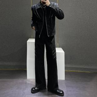 宽松廓形短夹克直筒皮裤 鹿鹿 男秋季 复古水洗做旧PU皮衣套装 美式