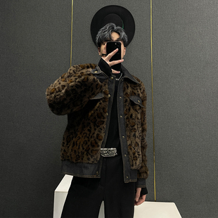 高级感豹纹羊羔毛外套男冬季 复古牛仔拼接豹纹加厚保暖夹克男 新款