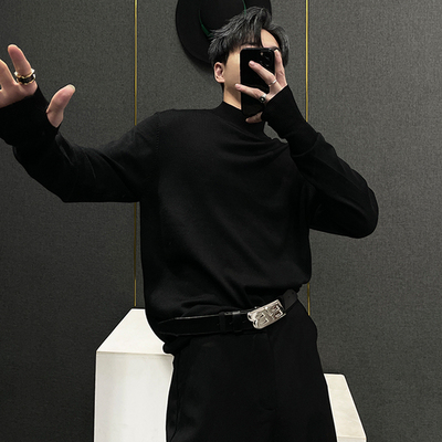 黑色半高领毛衣男秋冬季高级感