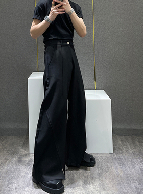 鹿鹿/美式简约黑色弯刀西裤男士小众高级感垂坠感宽松阔腿休闲裤