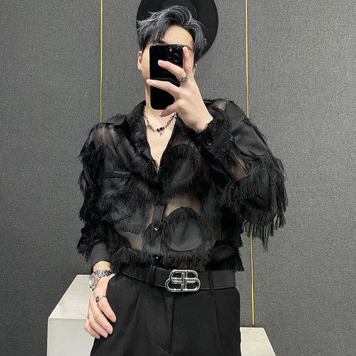 小众男士衬衣舞台装个性羽毛夜店