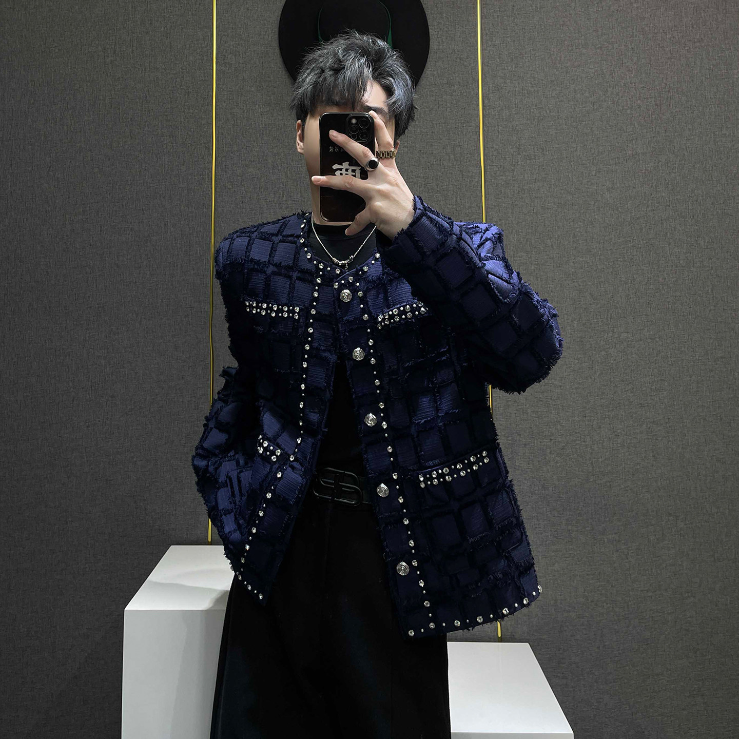 鹿鹿/原创小香风毛边格子外套男春季设计感珍珠精致廓形宽肩夹克