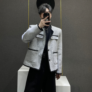 鹿鹿 高级感撞色夹克 粗花呢刺绣亮片银色垫肩小香风外套男春秋季