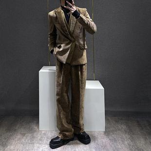 垫肩外套阔腿裤 秋冬休闲丝绒西装 两件套 男士 英伦风高级感西服套装