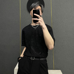 重磅星空短袖 宽松设计感上衣 t恤男高街潮牌满天星亮片体恤夏季