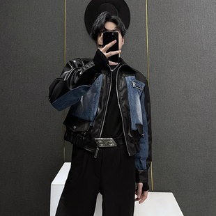 夹克休闲上衣 小个子短款 复古拼皮牛仔外套男秋款 小众拼接设计韩版