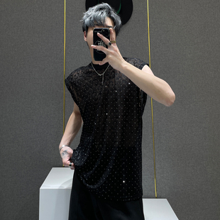 痞帅宽松透气速干镂空T恤男生 背心男夏季 鹿鹿 小众设计感烫钻无袖