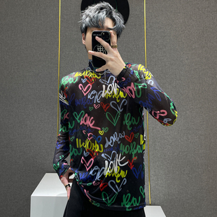 夏季 透气网纱打底衫 小众设计感印花T恤男士 长袖 痞帅潮牌时尚 鹿鹿