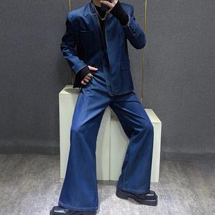 套装 男士 水洗复古两件套潮牌 立领假两件牛仔拼接西服长裤 2024秋款