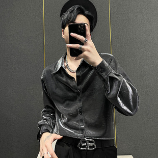潮流帅气上衣休闲痞帅衬衣男士 男韩版 衬衫 反光亮面高级感绿色长袖