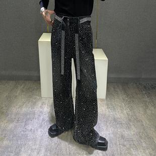 重工满天星烫钻复古水洗飘带牛仔裤 男潮流 男生小众宽松直筒阔腿裤