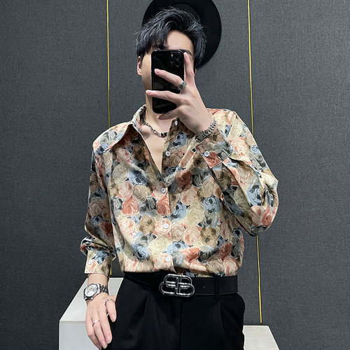 冰丝花衬衫男士设计感大领垫肩