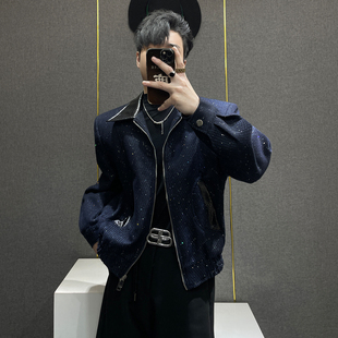 鹿鹿 垫肩拼皮外套痞帅宽松 高级感亮片夹克男小众设计感翻领短款