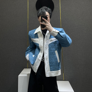 鹿鹿 高级感设计感垫肩粗花呢外套 重工小香风撞色翻领夹克男秋季