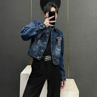 宽松短款 牛仔外套男显高韩版 夹克上衣 春秋高级感镶钻长袖 2025新款