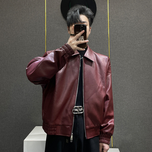 酒红色复古痞帅翻领短款 新品 皮衣男宽松机车夹克外套潮 秋季 鹿鹿