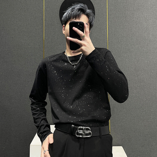 休闲长袖 潮 T恤男满天星亮片设计宽松网红痞帅闪亮发光圆领打底衫