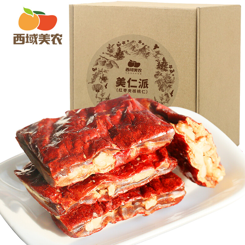 西域美农 枣仁派500g 新疆红枣微蒸工艺 真空装枣夹核桃 无添加防