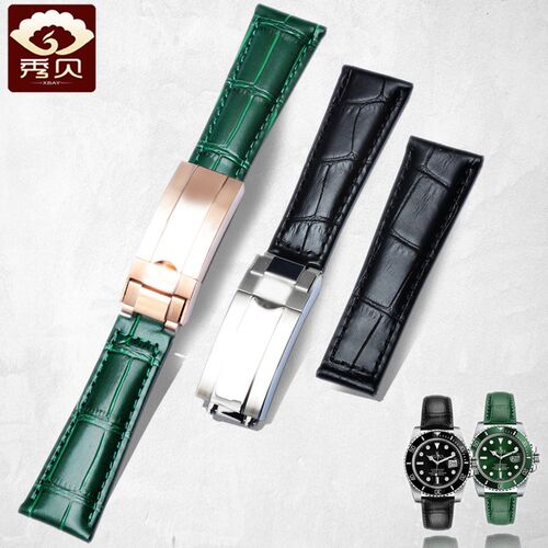 代用劳力士手表带真皮男游艇黑绿水鬼B迪通拿格林尼治rolex20m表