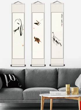 花乌龟虾r齐白石花鸟挂画细长型装饰画玄关卷轴挂画客厅壁画简约