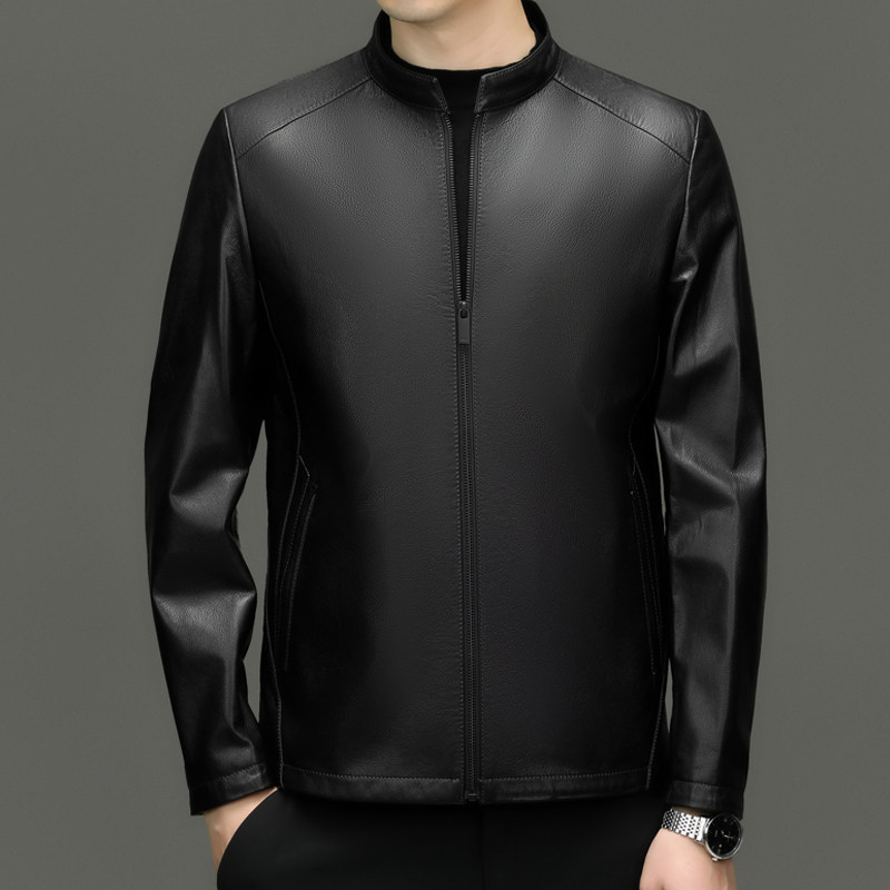 2025秋装新款男士皮衣中年商务休闲拉链立领薄款外套皮夹克爸爸装