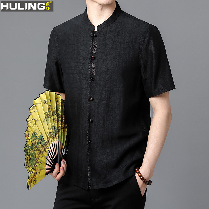 夏季短袖衬衫桑蚕丝香云纱龟裂纹中国风真丝绣花男装衬衣中式上衣