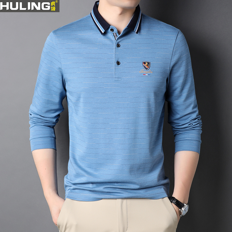 春秋季新款男翻领长袖t恤纯棉上衣宽松刺绣马休闲打底男装polo衫