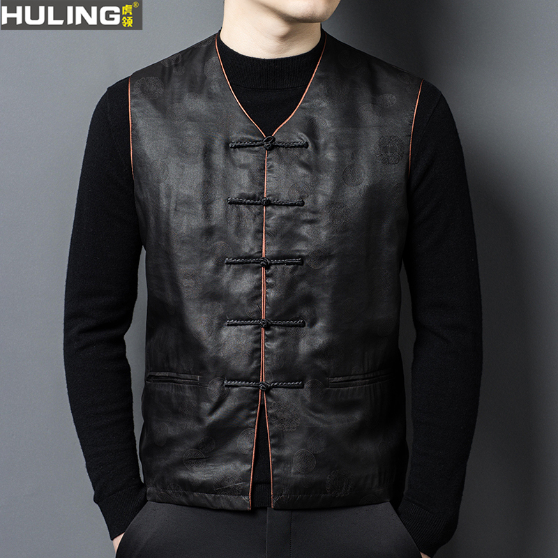 100%桑蚕丝复古香云纱盘扣男士中式唐装马甲背心爸爸坎肩国风潮流