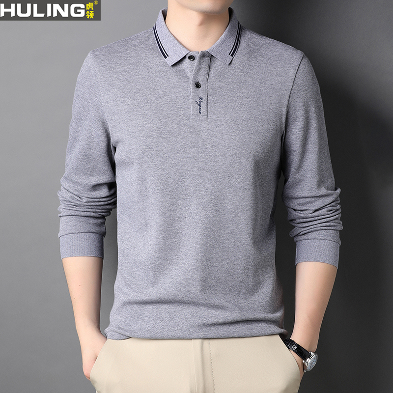 男士商务休闲长袖POLO衫春秋季新款宽松刺绣百搭纯棉翻领男装T恤