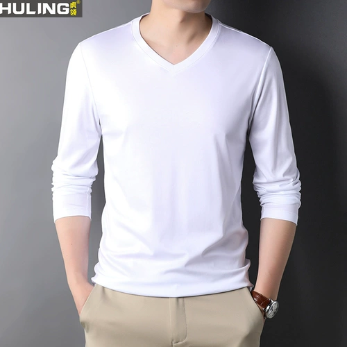 Мужской хлопковый демисезонный приятный телу лонгслив, V-образный вырез, свободный крой