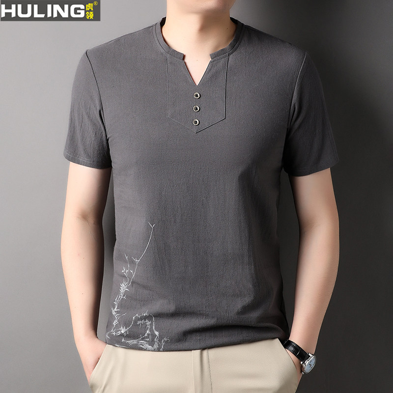 夏季新款V领100%纯棉麻男士短袖t恤中国风薄款半袖中年男装上衣