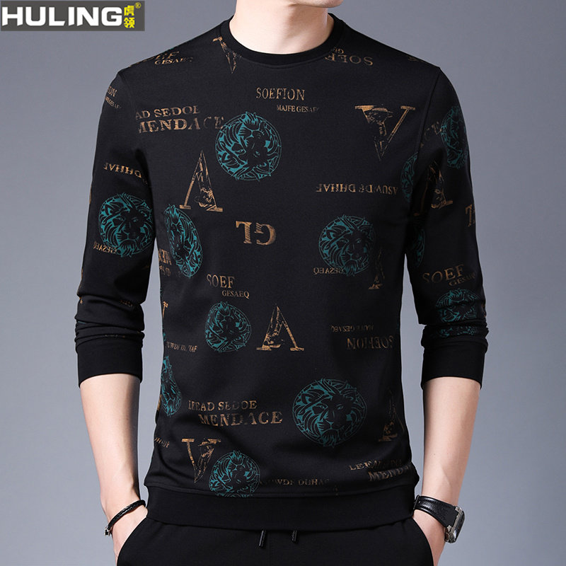 春秋季个性长袖t恤男士潮流中年宽松上衣休闲男装卫衣碎花打底衫