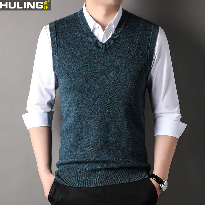 男士秋冬季V领羊毛衫背心中年针织马甲无袖坎肩爸爸毛衣男装上衣