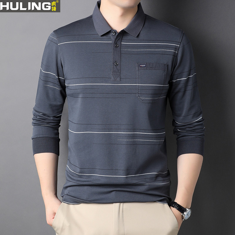 男士翻领长袖纯棉t恤春秋季新款上衣中年爸爸口袋休闲条纹POLO衫