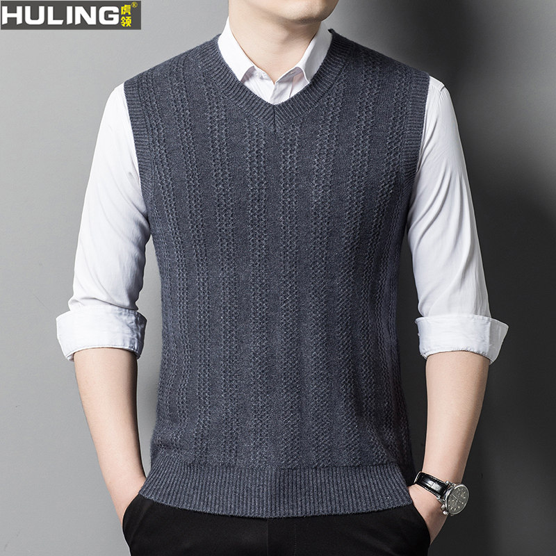 男士V领宽松羊毛衫背心100%新款针织衫中年无袖保暖套头毛衣马甲