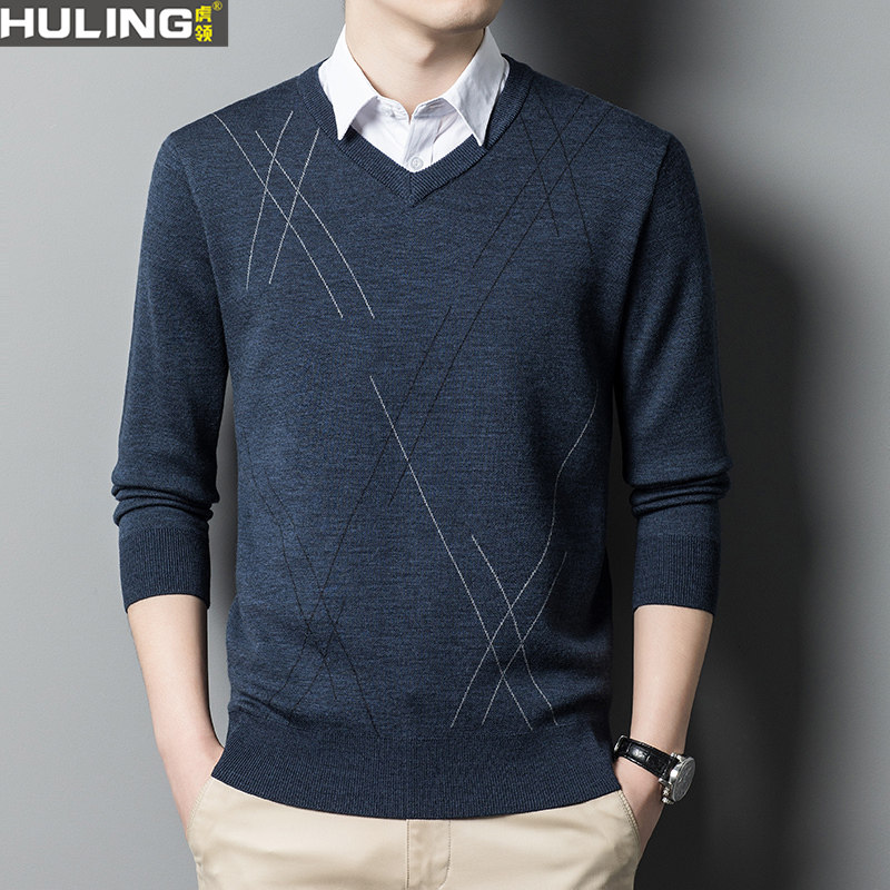 男士100%羊毛衫V领针织打底鸡心领秋冬季新款爸爸装中年条纹毛衣
