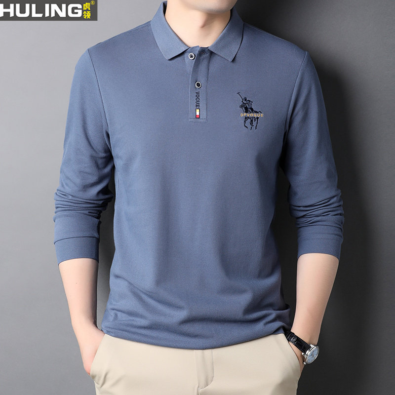 纯棉polo衫男长袖t恤绣花翻领春秋保罗衫男士上衣灰色全棉打底衫