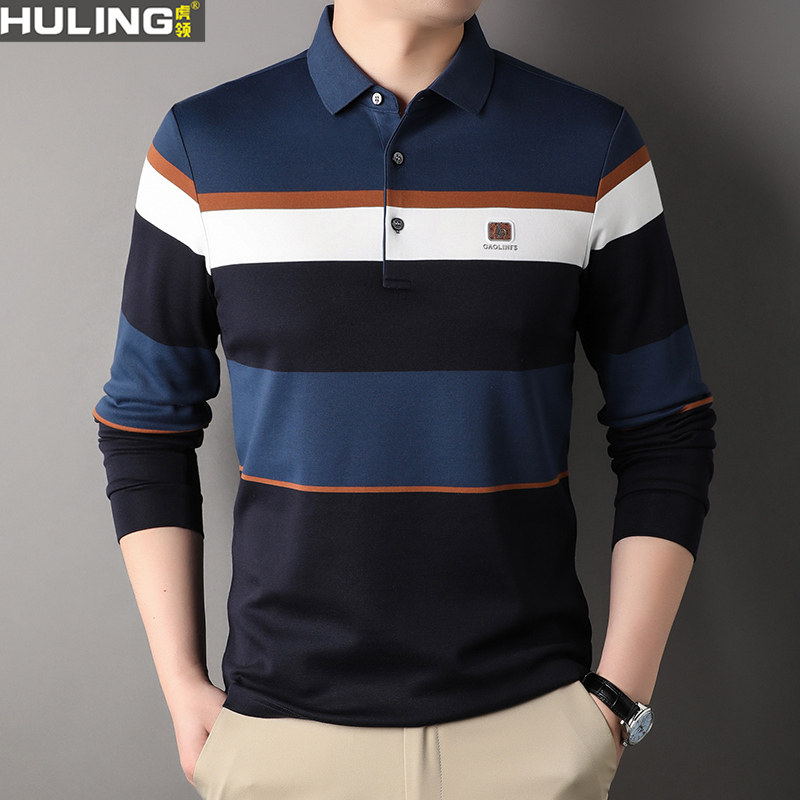 男士新款爸爸长袖t恤春秋季中年条纹上衣爸爸男装时尚休闲Polo衫